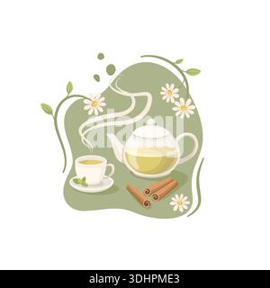 Set di tè alle erbe con fiori Illustrazione Vettoriale