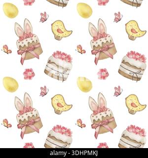 Pasqua senza cuciture con torte pasquali, pan di zenzero, uova, fiori e farfalle. L'illustrazione con un regalo natalizio è disegnata a mano in acquerello Foto Stock