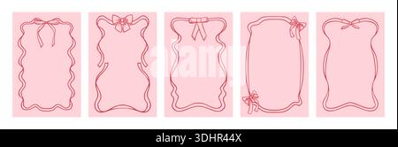 Set di carte con cornice con nastri ad arco in stile doodle vintage disegnato a mano. Bordi in coquette stravaganti, nastri ondulati ricci, disegni in linea femminile con un elegante mood retrò e un look decorativo romantico e giocoso Illustrazione Vettoriale
