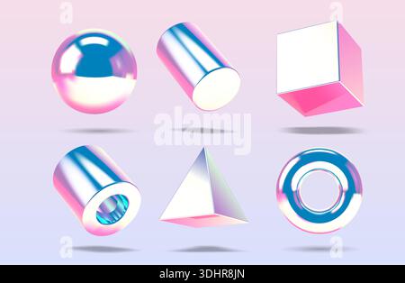 Raccolta di forme vaporwave 3D vaporwave con riflessi e brillantezza cromata realistici. Set di oggetti in argento primitivo Y2K Illustrazione Vettoriale