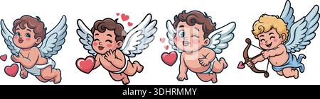 Set vettoriale Valentine Baby Characters - simpatici Angeli cuccioli Flying Love Cartoon Illustration - Design piatto della collezione Valentine Baby Cupid Angels Illustrazione Vettoriale