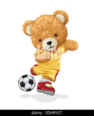 Simpatico orsacchiotto che gioca a calcio con l'uniforme sportiva gialla Illustrazione Vettoriale