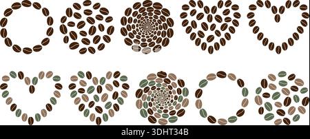 Forma circolare e a cuore cornice bordo e sfondo di riempimento del set di elementi di design minimale piatto Coffee bens. Illustrazione vettoriale isolata contenuti correlati al caffè post sui social media banner promozionale, opuscolo, etichetta Illustrazione Vettoriale