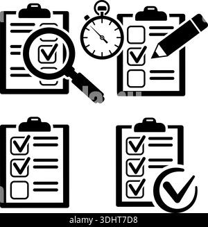 Imposta il test didattico delle icone con matita, cronometro, lente di ingrandimento, appunti con elenco di controllo. test online, concetto di audit. che completato correttamente Illustrazione Vettoriale