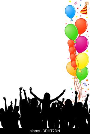 Telaio di partito con palloncino e sagome danzanti, elemento di design, illustrazione vettoriale Illustrazione Vettoriale
