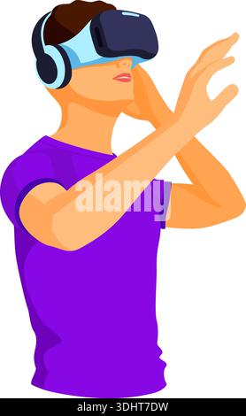 L'uomo che indossa occhiali per realtà virtuale con realtà aumentata tocca lo sfondo dello schermo virtuale. tecnologia del futuro. illustrazione vettoriale Illustrazione Vettoriale