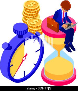 programma di pianificazione della gestione del tempo da casa con un uomo d'affari che lavora su un cronometro per laptop, denaro e orari di scadenza della clessidra, infografiche isometriche Illustrazione Vettoriale
