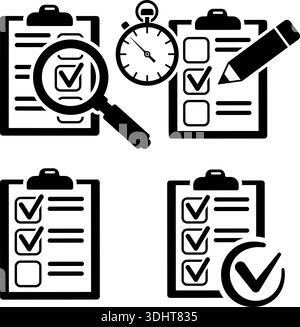 Imposta il test didattico delle icone con matita, cronometro, lente di ingrandimento, appunti con elenco di controllo. test online, concetto di audit. che completato correttamente Illustrazione Vettoriale