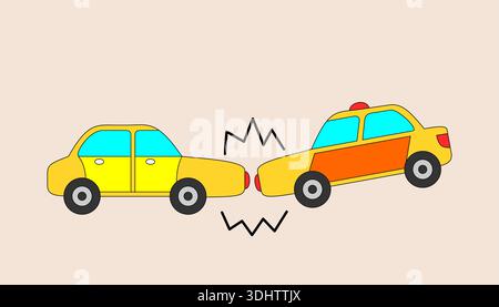 Due auto gialle sono in un incidente. La parte anteriore di un'auto è schiacciata e l'altra è capovolta Illustrazione Vettoriale