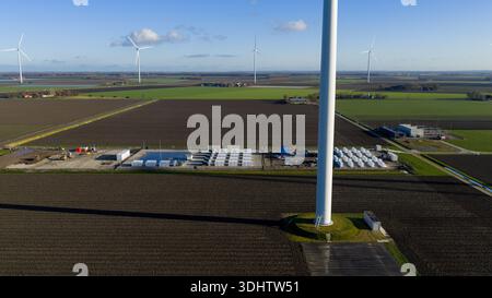 Drontermeer, Paesi Bassi - 14 gennaio 2026: Veduta aerea delle turbine eoliche che torreggiano sul paesaggio pianeggiante, gettando lunghe ombre sul patchwork o Foto Stock