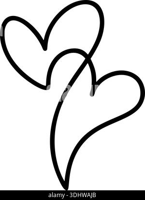 Disegno con linee nere con due cuori vettoriali sovrapposti. Simboleggiando la partnership e la connessione affettiva Illustrazione Vettoriale