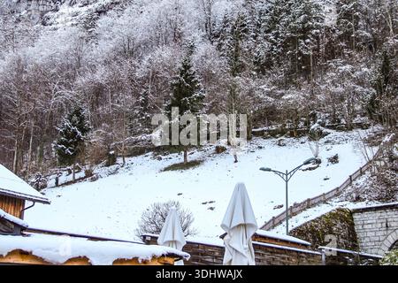 Paesaggio invernale con alberi innevati su una ripida collina, con ombrelloni bianchi chiusi e lampione in un tranquillo ambiente rurale. Foto Stock