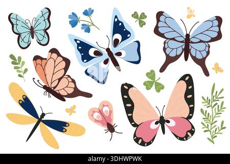 Collezione di farfalle colorate con ali allungate in volo. Farfalla estiva. Serie di illustrazioni degli insetti a molla. Bellissime falene tropicali. Illustrazione Vettoriale