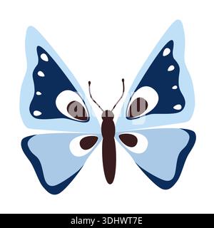 Farfalla blu con ali allungate in volo. Farfalla estiva. Illustrazione degli insetti a molla disegnati a mano. Bellissime falene tropicali estive. Stile piatto Illustrazione Vettoriale