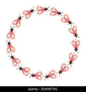 Cornice rotonda estiva con farfalle rosa con ali ripiegate. Illustrazione primaverile di insetti e farfalle in stile piatto. Illustrazione Vettoriale
