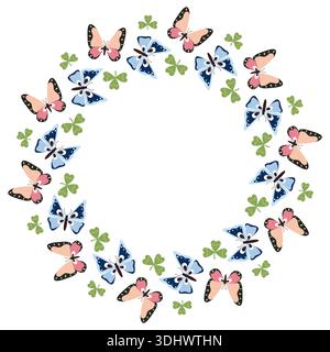 Cornice rotonda estiva con farfalle blu e rosa circondate da foglie verdi. Illustrazione primaverile di insetti, libellule e falene in stile piatto. Illustrazione Vettoriale