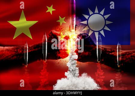Bandiere della Cina e di Taiwan con razzi in decollo. Tensione tra Cina e Taiwan Foto Stock
