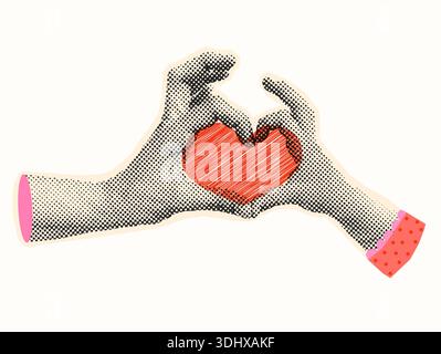 Grazioso collage di mezzitoni con le mani di mamma e bambino che fanno Una forma di cuore, sfondo della mamma per la festa della mamma Illustrazione Vettoriale