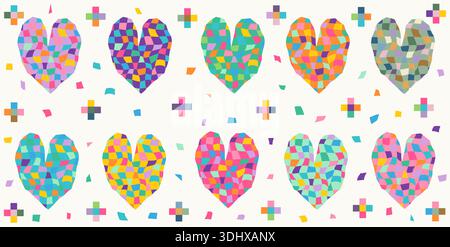 Cute Groovy Vector Hearts, forme di cuore distorte psichedeliche nei colori vivaci rosa, giallo e arancione Illustrazione Vettoriale