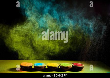 Colorata polvere di gulal che esplode dalle ciotole per festeggiare Foto Stock