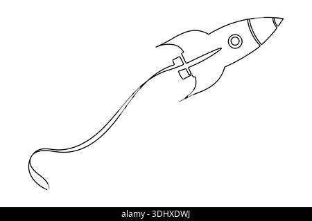 Vettore di disegno continuo a una linea per razzo per l'ingegneria aerospaziale e l'illustrazione scientifica Illustrazione Vettoriale