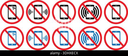 Icone di segnale non consentite per telefoni cellulari con divieto del segnale wireless Illustrazione Vettoriale