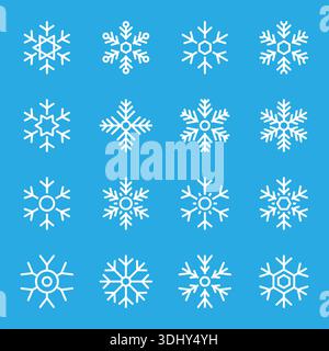 Set di 16 fiocchi di neve bianchi su sfondo blu. Elegante collezione invernale per le illustrazioni natalizie e natalizie Illustrazione Vettoriale