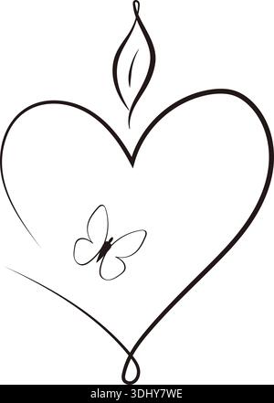 Icone di candele a forma di cuore con fiamma e farfalla per un arredamento romantico e grafica di san valentino. Illustrazione a una linea con una fiamma di candela e una Illustrazione Vettoriale