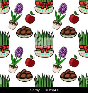 Motivo vettoriale Nowruz festoso con sabzi germoglianti, fiori di Giacinto, mele e uova dipinte Illustrazione Vettoriale