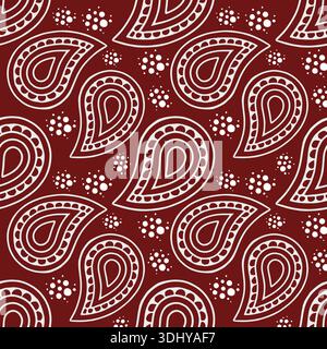 Illustrazione vettoriale con motivo paisley senza cuciture con elementi astratti bianchi su sfondo rosso intenso Illustrazione Vettoriale