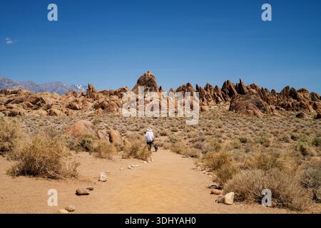 Un uomo e il suo cane camminano nella Alabama Hills National Scenic area di Owens Valley, California. Foto Stock