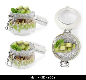 Delizioso dessert con semi di kiwi e chia in vaso isolato su bianco, set. Vista dall'alto e laterale Foto Stock