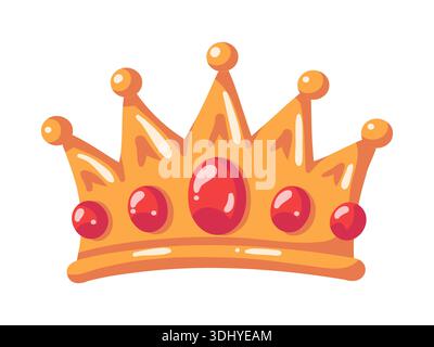 Corona d'oro con pietre preziose rosse. Simbolo reale del potere e dell'autorità. Illustrazione di cartoni animati isolati dal vettore su sfondo bianco Illustrazione Vettoriale