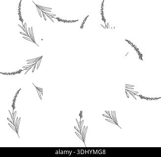 Illustrazione a inchiostro motivo senza cuciture con rami e fiori di lavanda, grafica disegnata a mano per il branding del benessere, packaging di bellezza, tessuti des Illustrazione Vettoriale