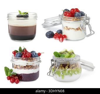 Deliziosi dessert in vasetti isolati su bianco, set Foto Stock