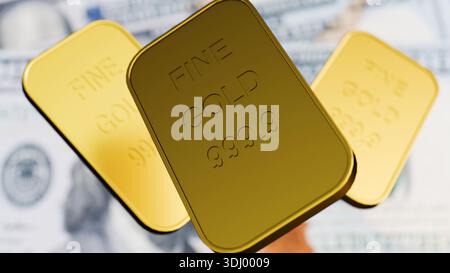 Rendering 3D delle barre a proiettile "999,9 fine Gold" sovrapposte con banconote nitide da $100 su una superficie pulita. Foto Stock