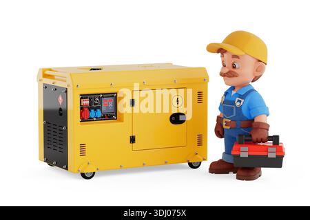 Concetto di manutenzione professionale dei generatori di potenza. Cartoon Technician in Workwear Hold Toolbox Standing near Yellow Portable Generator on White Back Foto Stock