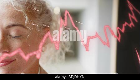 Donna sorridente di mezza età che chiude gli occhi, seduta a casa, indossa una camicetta leggera, con forma d'onda rossa Foto Stock