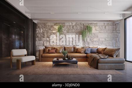 Divano in pelle con parete in pietra nel soggiorno.rendering 3d. Foto Stock