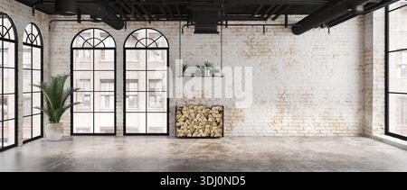 Camera vuota interni in stile loft industriale con pareti in mattoni.Vista panoramica.rendering 3d. Foto Stock