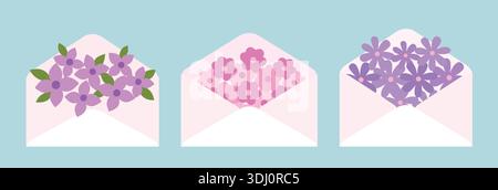 Set illustrativo di buste con fiori primaverili. Bouquet floreale all'interno della collezione di clip delle buste. Graziosi fiori primaverili con design vettoriale a busta. Illustrazione Vettoriale