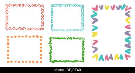 Set di divertenti cornici per pastelli e bordi da scarabocchiare. Scatole per bambini disegnate a mano per bambini, fogli di lavoro in età prescolare, sfondi carini, disegni a doodle Illustrazione Vettoriale
