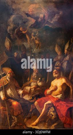 SALISBURGO, AUSTRIA - 6 SETTEMBRE 2025: Il dipinto di San Gregorio, Martino, Girolamo e altri santi con il Dio padre nella cattedrale Foto Stock