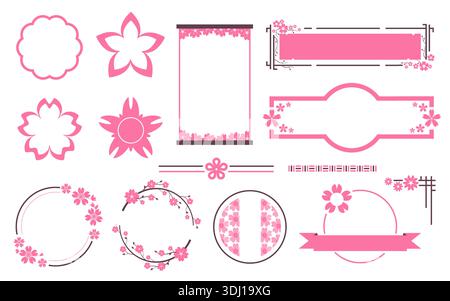 Cornici in ciliegio Sakura, fiori rosa per inviti di nozze primaverili, carino biglietto d'auguri ed etichetta decorativa. Stemmi floreali e ghirlande per ornamenti Illustrazione Vettoriale