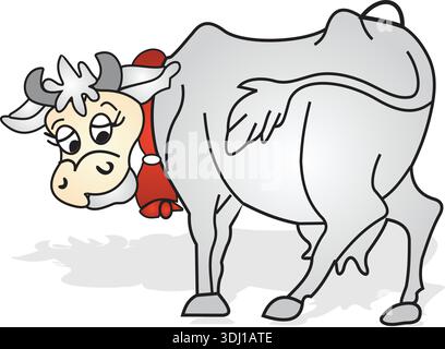 Simpatica mucca da cartone animato con campana intorno al collo – illustrazione vettoriale Illustrazione Vettoriale