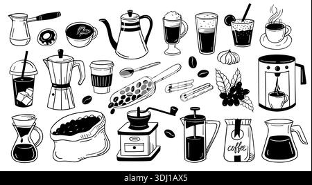 Caffè Doodle. Macchina per caffè espresso, latte e caffè e pour over per il marchio dei caffè, le etichette dei menu e il metodo di estrazione. Vettore di schizzo impostato nel contorno per Illustrazione Vettoriale