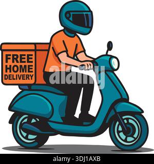 Delivery Man on Scooter – illustrazione del vettore del servizio di consegna a domicilio per le app Courier e Food Illustrazione Vettoriale