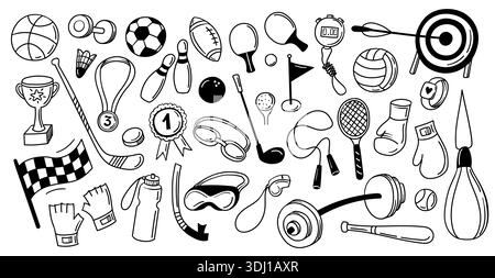 Set scarabocchi per attrezzature sportive. Palle e trofei, racchette e guanti da boxe, bersaglio e cronometro, barbell, manubrio e bandiera. Set vettoriale per l'allenamento Illustrazione Vettoriale