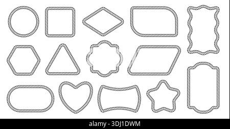 Bordo del telaio della fune. Forme rettangolari esagonali, a cuore e cerchio, quadrate e a stella ondulate per etichette con contorno in lazo vintage nautico, stemmi marini o. Illustrazione Vettoriale
