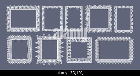 Cornice con bordo in pizzo di forma rettangolare e quadrata. Rettangoli di Guipure e filigrana floreale per matrimoni eleganti e sposi. Bianco vintage Illustrazione Vettoriale